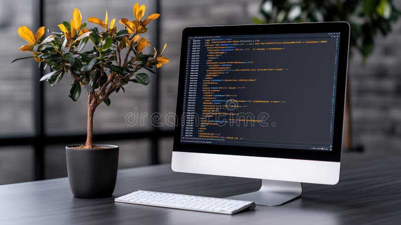 Komputer z kodem na ekranie i nowoczesną przestrzenią roboczą na biurku. Generacyjna AI