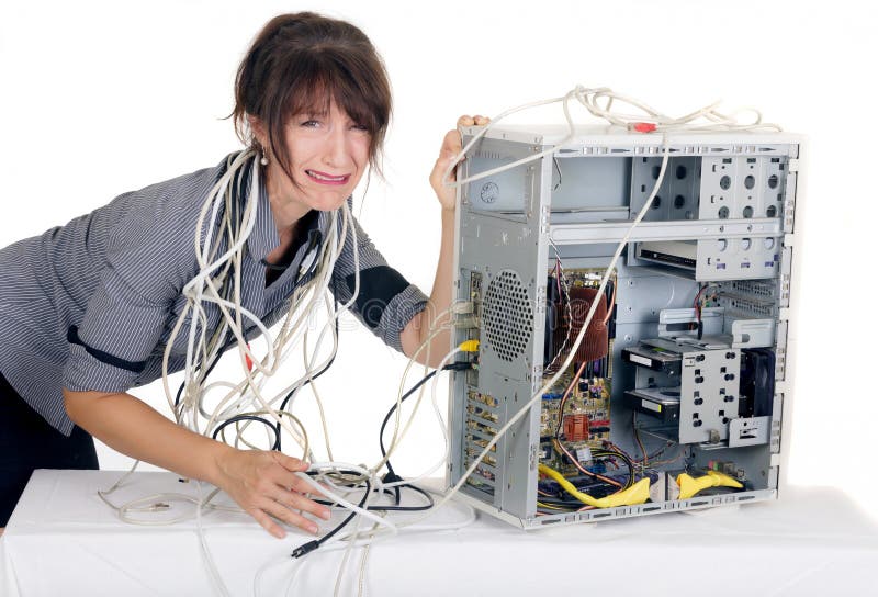 Confuse business woman crying with broken computer. Confuse business woman crying with broken computer