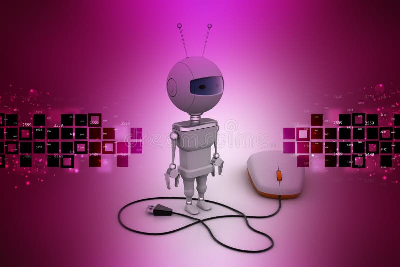 Computer mouse connected with robot in color background. Computer mouse connected with robot in color background