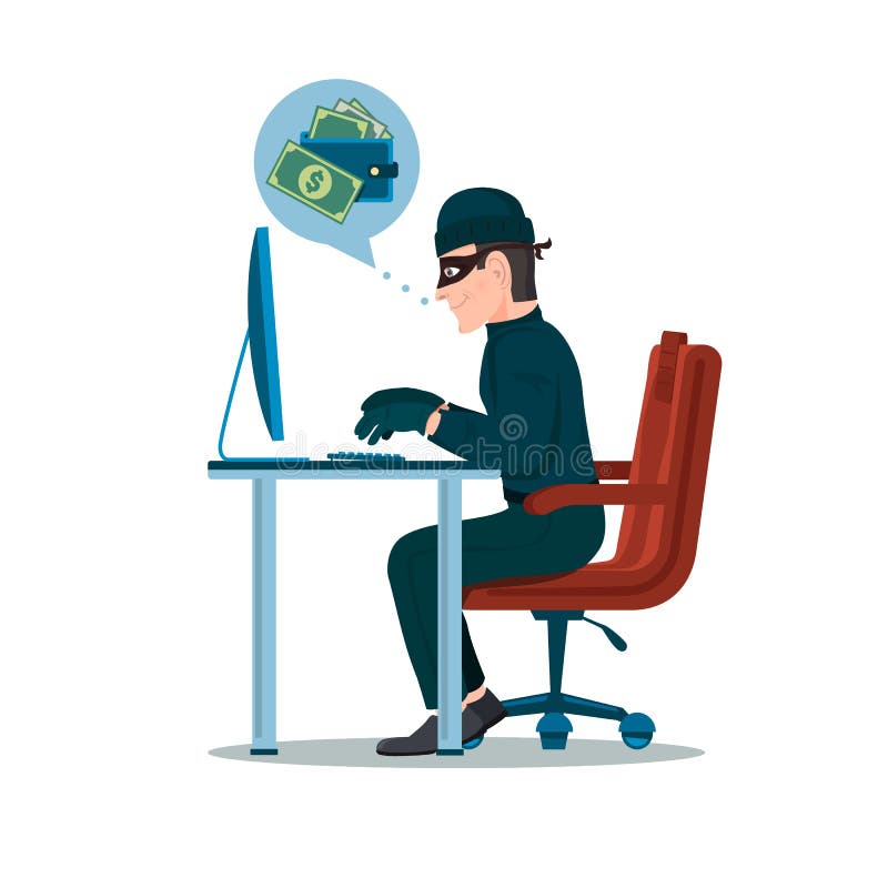 Computer hacker man character trying hack the system and steal the money. Thief cartoon character vector illustration. Computer hacker man character trying hack the system and steal the money. Thief cartoon character vector illustration