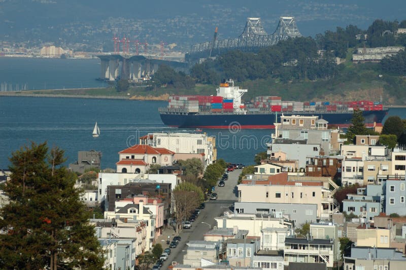 San Francisco cityscape, bay and cargo ship, california. San Francisco cityscape, bay and cargo ship, california