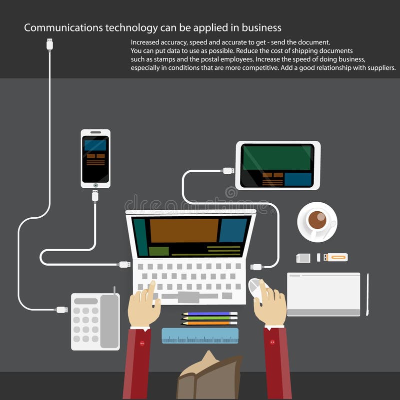 Komunikaci Biznesowej technologia z ludźmi ręk, cyfrową pastylką, smartphone, papierami i różnorodnym biurem, protestuje na stole ilustracja wektor Komunikaci Biznesowej technologia z ludźmi ręk, cyfrową pastylką, smartphone, papierami i różnorodnym biurem, protestuje na stole ilustracja wektor