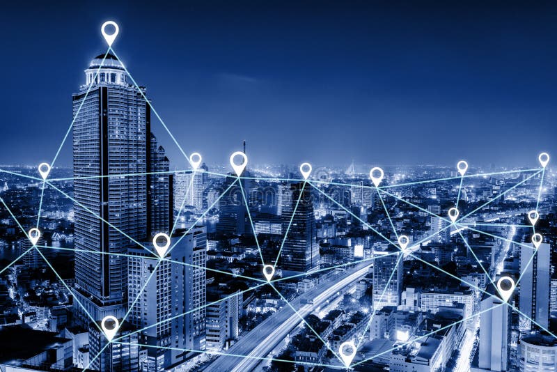 Komunikacja z siecią łączności GPS Inteligentna koncepcja systemu, wyszukiwanie danych i aplikacja przypięcia GPS lokalizacji spo