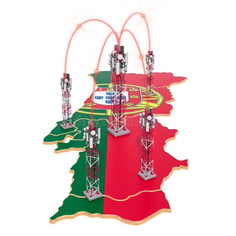 Komunikacje mobilne w Portugalia, komórka górują na mapie ?wiadczenia 3 d royalty ilustracja Komunikacje mobilne w Portugalia, komórka górują na mapie ?wiadczenia 3 d royalty ilustracja