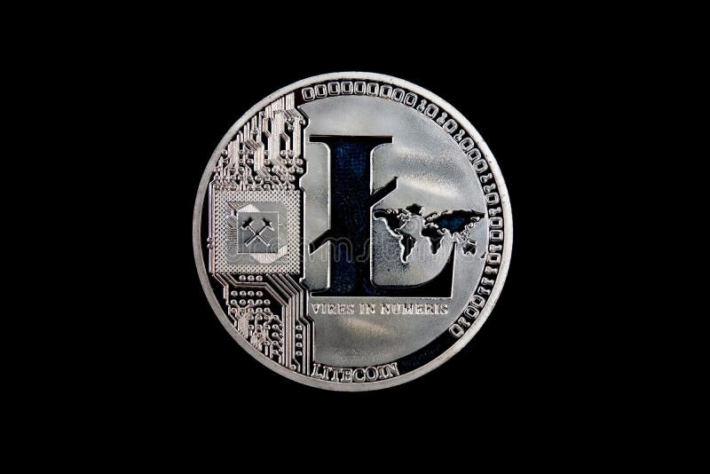 Koncentracja kryptowaluty symbolu lite monety na izolacie czarnego tła obraz royalty free