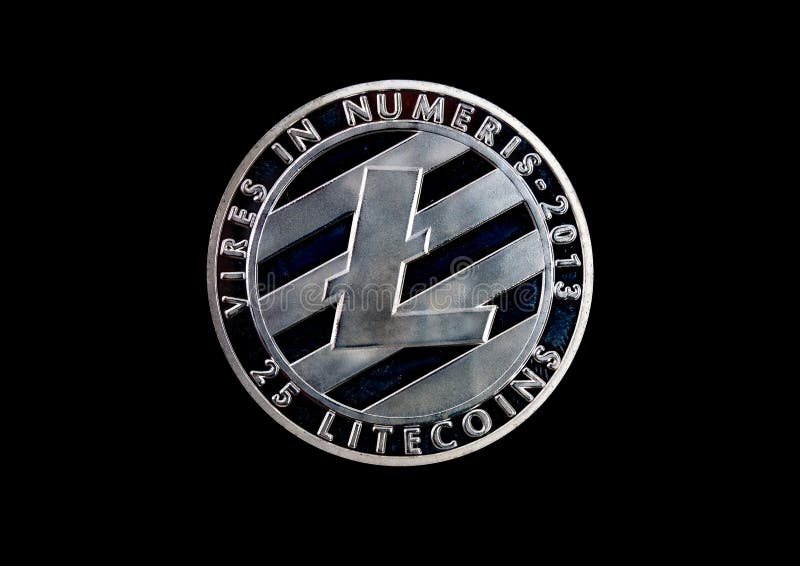 Koncentracja kryptowaluty symbolu lite monety na izolacie czarnego tła zdjęcie stock