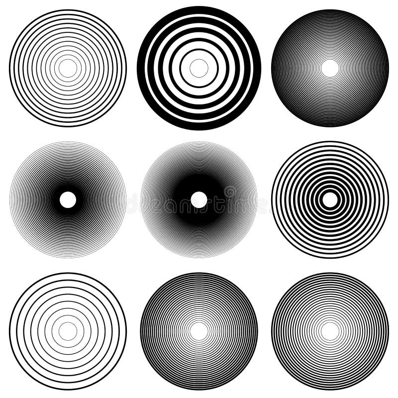 Koncentriska cirklar, radiella linjer modeller Monokromabstrakt begrepp