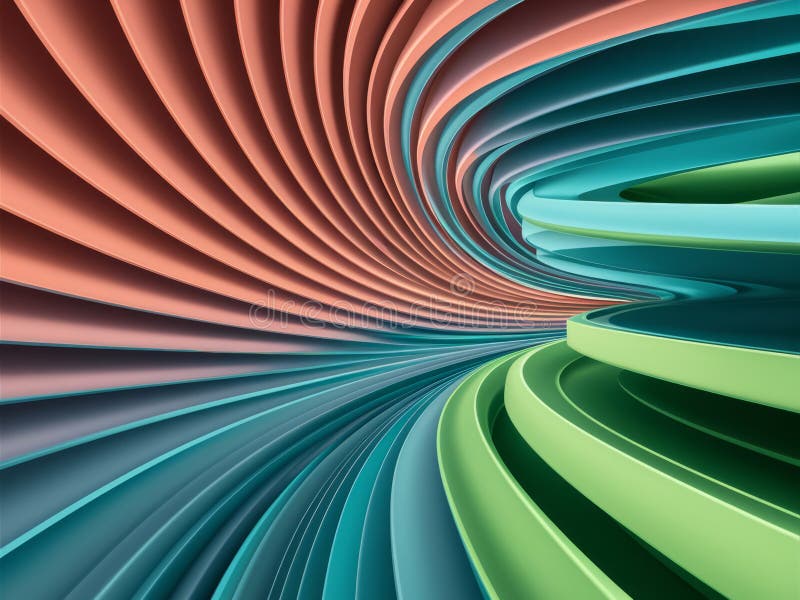 Koncentriska kurvformade linjer i skuggor av korallakablått och kalkgrönt. stark känsla för rörelse och djup 3d-rendering stock illustrationer