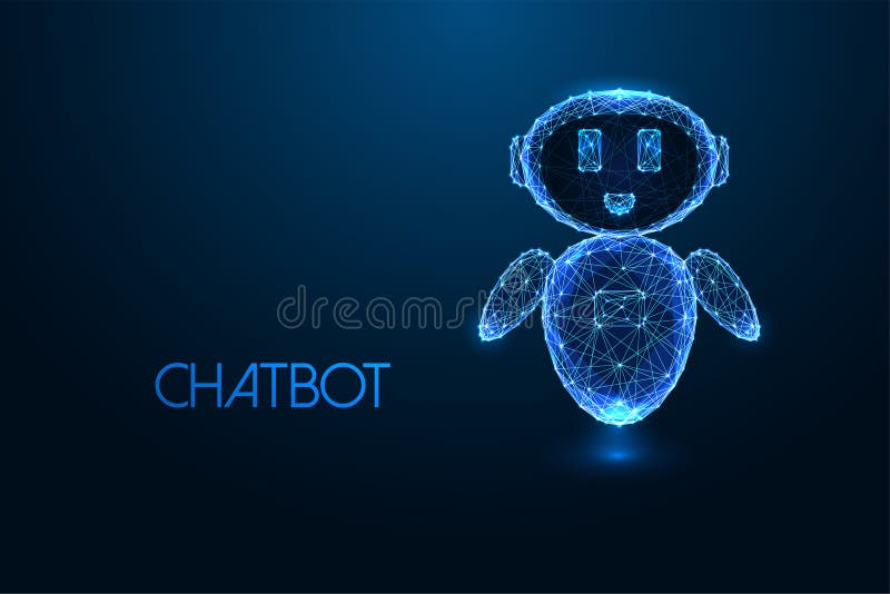 Koncepcja ai chatbota z błyszczącą figurą cyfrowego robota humanoidalnego na ciemnym niebieskim tle. ilustracja wektor