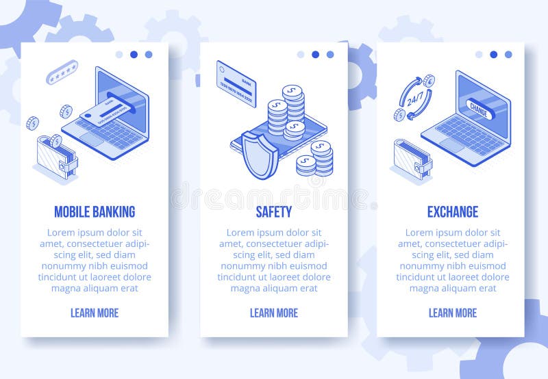 Koncepcja cyfrowego projektu izometrycznego, mobilna bankowość, banery pionowe na ekranie aplikacji do wymiany pieniędzy Izometry ilustracja wektor Koncepcja cyfrowego projektu izometrycznego, mobilna bankowość, banery pionowe na ekranie aplikacji do wymiany pieniędzy Izometry ilustracja wektor
