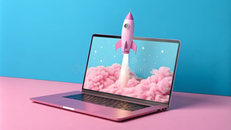Koncepcja cyfrowego uruchamiania różowego notebooka z serii Rocket ilustracji