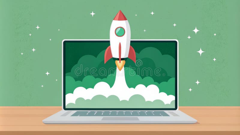 Koncepcja cyfrowego uruchomienia notebooka Rocket ilustracji