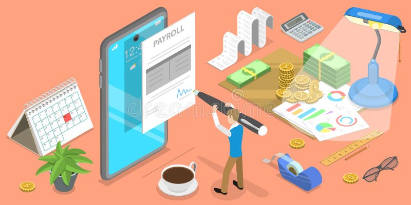 Koncepcja 3d izometrycznego wektora płaskiego dla mobilnej listy płac — płatność wynagrodzenia. ilustracja wektor