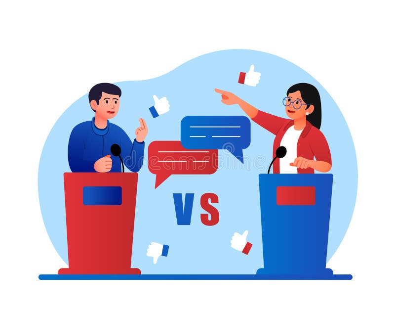 Political debate concept. Young male and female politicians or government workers compete with each other. Candidates from different parties arguing in elections. Cartoon flat vector illustration. Political debate concept. Young male and female politicians or government workers compete with each other. Candidates from different parties arguing in elections. Cartoon flat vector illustration