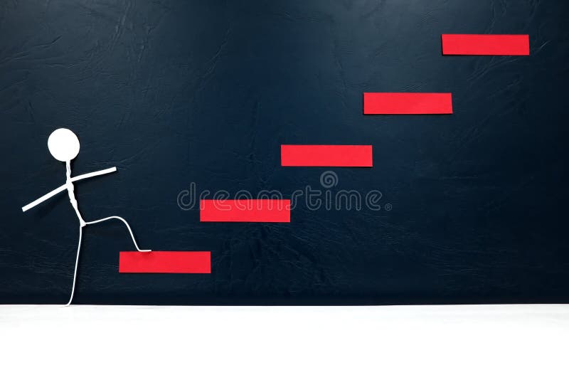 Koncepcja drabiny sukcesu. człowiek-patyk robi pierwszy krok na czerwonych schodach.