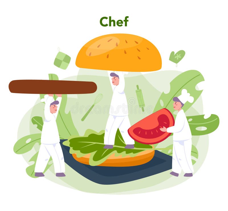 Koncepcja fast food hamburger house. szef kuchni smaczny hamburger z ilustracji