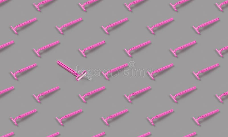 The concept of women`s shaving. Seamless pattern of pink razors symbol of hygiene and body care on grey background. The concept of women`s shaving. Seamless pattern of pink razors symbol of hygiene and body care on grey background.