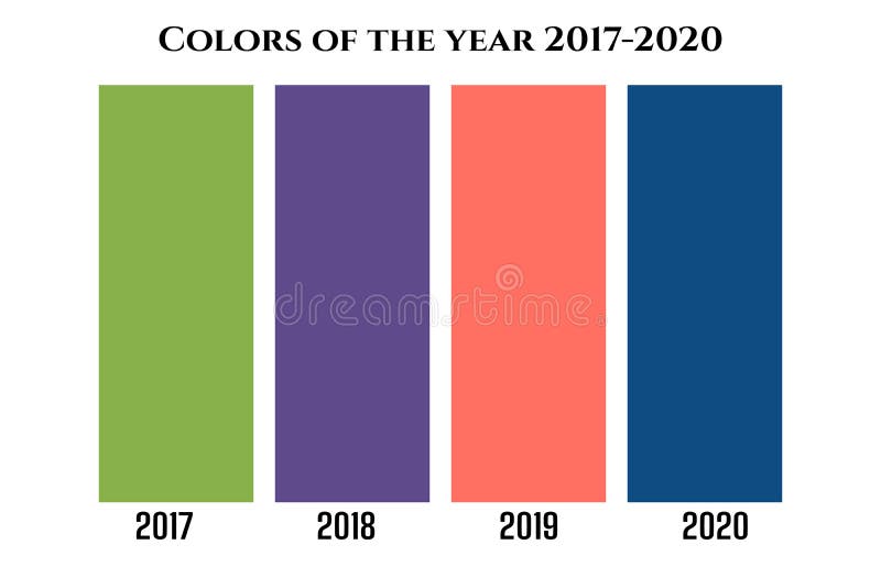 Concept of the main color trends 2017 Greenery , 2018 Ultra Violet, 2019 Living Coral, 2020 Classic Blue. Graphic illustration of fashionable color trends of recent years. Concept of the main color trends 2017 Greenery , 2018 Ultra Violet, 2019 Living Coral, 2020 Classic Blue. Graphic illustration of fashionable color trends of recent years