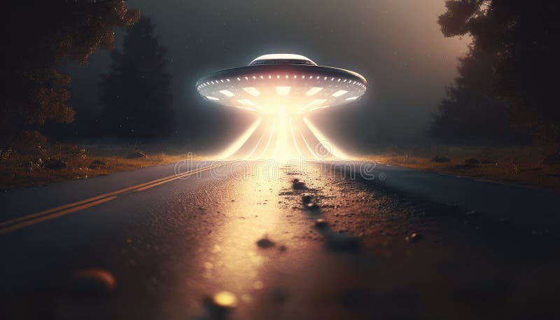 Koncepcja inwazji ufo i kosmitów z kosmicznym statkiem nad autostradą stworzona z wykorzystaniem generacyjnej technologii ai royalty ilustracja