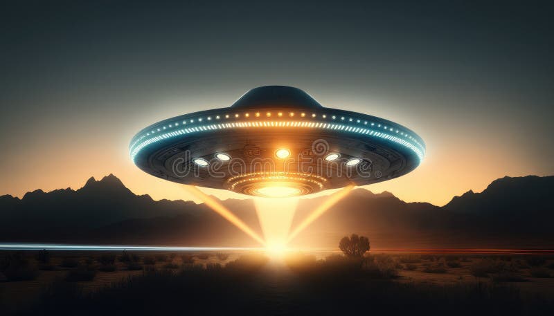 Koncepcja inwazji ufo i kosmitów z lądowaniem na statku kosmicznym stworzona z wykorzystaniem generacyjnej technologii ai royalty ilustracja