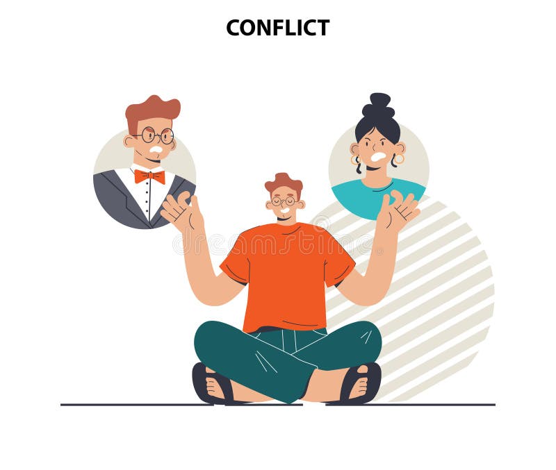 Conflict concept. Controversy or disagreement between people. Calm man meditating between two opponents. Disagreement on topic, different interests dilemma. Flat vector illustration. Conflict concept. Controversy or disagreement between people. Calm man meditating between two opponents. Disagreement on topic, different interests dilemma. Flat vector illustration