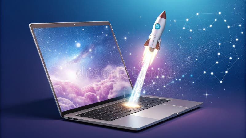 Koncepcja kosmicznego uruchamiania rakiet do laptopów ilustracji