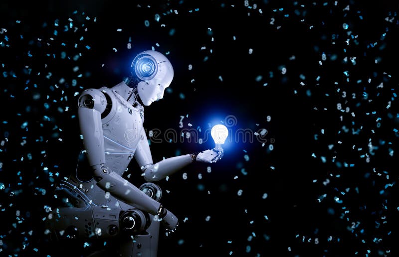 Koncepcja kreatywności z humanoidalną żarówką do trzymania robota ilustracji