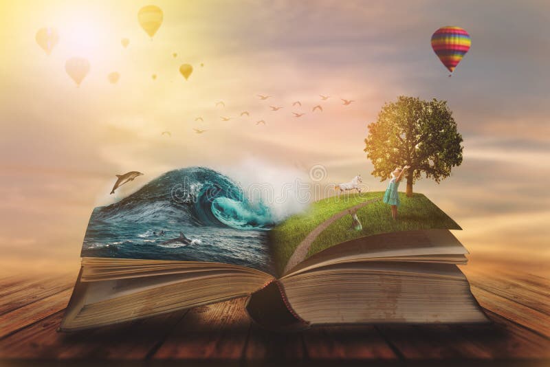 Koncepcja otwartej książki magicznej; otwarte strony z oceanem i lądem oraz małym dzieckiem Fantasy, natura lub koncepcja uczenia