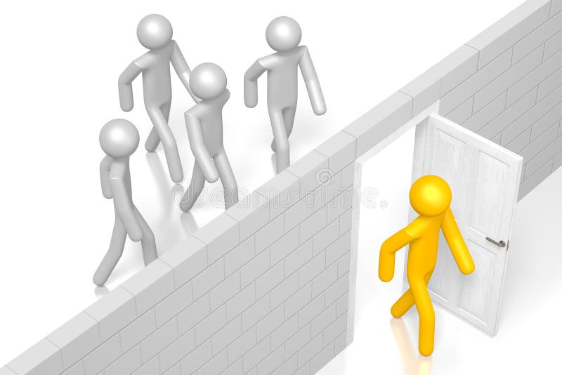 Koncepcja outsourcingu ściennego 3d postaci rysunkowych. Ilustracja koncepcji outsourcingu ścian drzwiowych 3d postaci rysunkowych