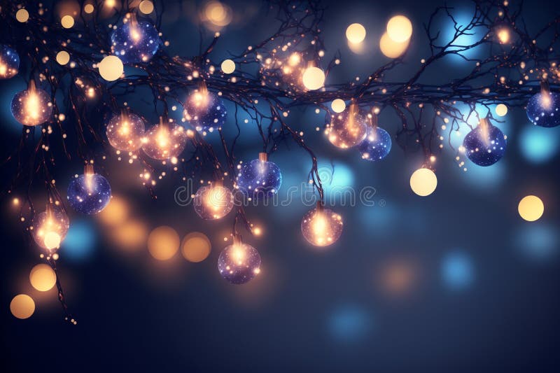 Koncepcja oświetlenia wakacyjnego i dekoracji garland bokeh światła nad ciemnoniebieskim tłem generowane ai.