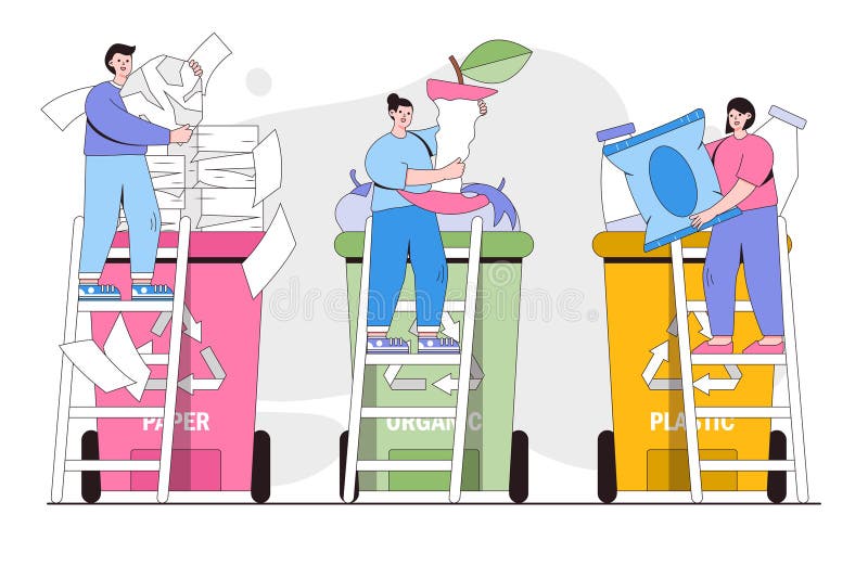 Koncepcja przemysłowa recyklingu odpadów. bohaterowie sortujący śmieci. kreskówka wektorowa dnia przyjaznego dla środowiska i ziem ilustracja wektor