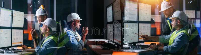 Koncepcja przemysłu 40. szeroki obraz inżynierów kontrolujących proces przemysłowy za pomocą systemu scada ai i technologii cyfrow fotografia stock