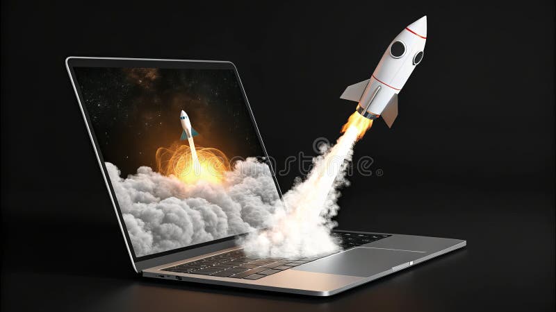 Koncepcja przestrzeni renderowania 3D dla laptopów uruchamianych przez firmę Rocket royalty ilustracja