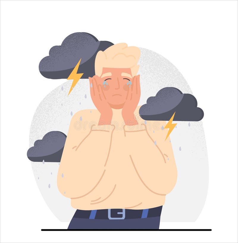 Person crying concept. Young upset man with tears in his eyes covers his face with his hands. Male character with mental and psychological problems or depression. Cartoon flat vector illustration. Person crying concept. Young upset man with tears in his eyes covers his face with his hands. Male character with mental and psychological problems or depression. Cartoon flat vector illustration