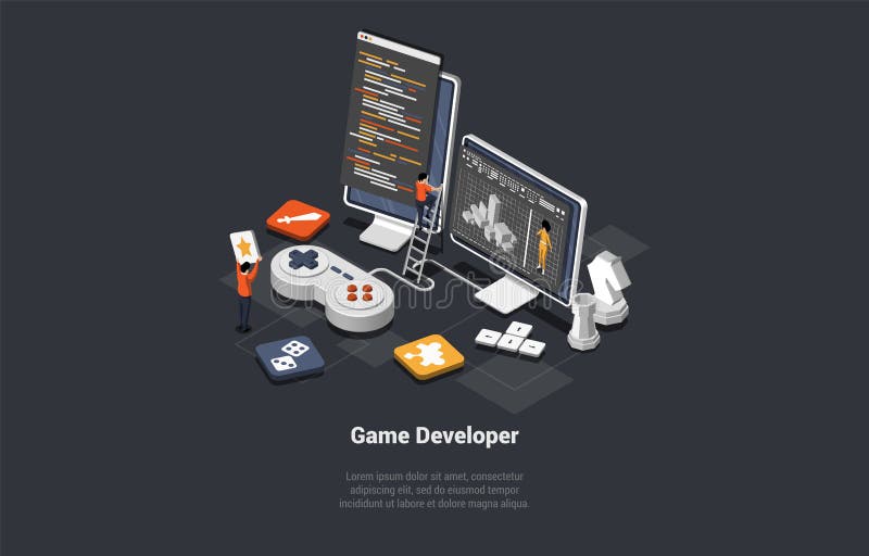 Concept Of Game Development. Creative People Developers In Process Of Create And Develop A Computer Video Game Design. Digital Technology, Programming and Codding. Isometric 3d Vector Illustration. Concept Of Game Development. Creative People Developers In Process Of Create And Develop A Computer Video Game Design. Digital Technology, Programming and Codding. Isometric 3d Vector Illustration.