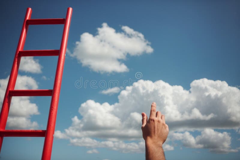 Development Attainment Motivation Career Growth Concept. Mans Hand Reaching For Red Ladder Leading To A Blue Sky, beautiful, cinematic. Development Attainment Motivation Career Growth Concept. Mans Hand Reaching For Red Ladder Leading To A Blue Sky, beautiful, cinematic