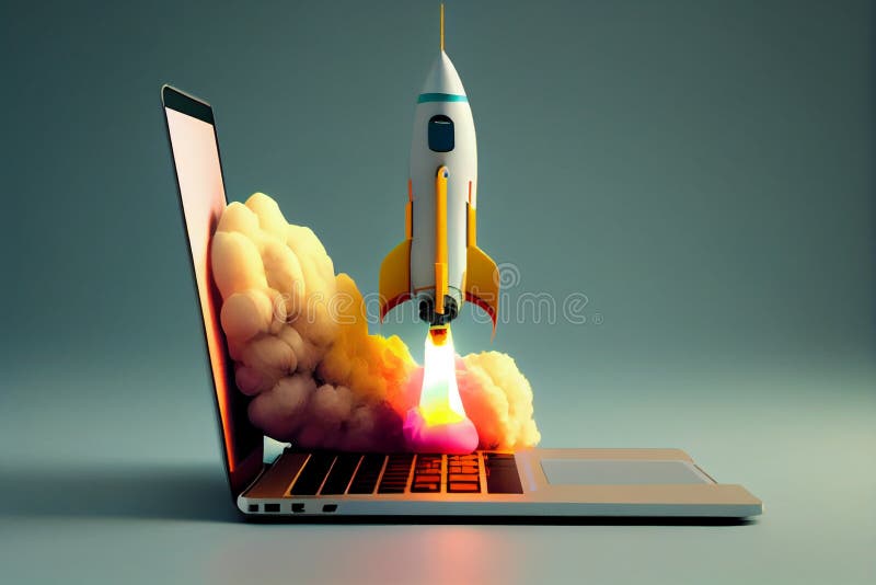 Koncepcja szybkiego internetu przy użyciu laptopa i rakiety ilustracja wektor