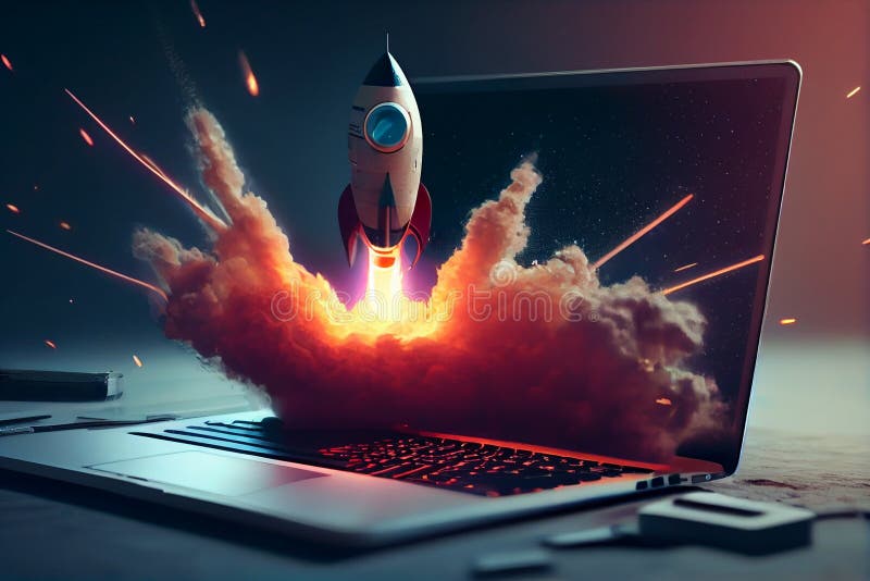 Koncepcja szybkiego internetu przy użyciu laptopa i rakiety ilustracji