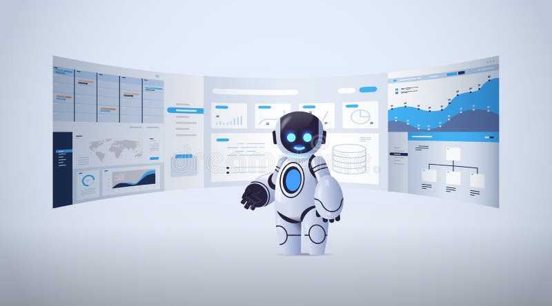 Koncepcja technologii sztucznej inteligencji polegająca na analizie danych finansowych przez robota o dużej wydajności ilustracja wektor