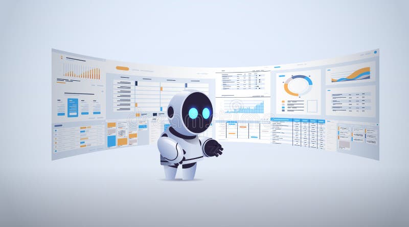 Koncepcja technologii sztucznej inteligencji polegająca na analizie danych finansowych przez robota o dużej wydajności ilustracji