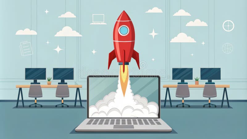 Koncepcja uruchamiania aplikacji Laptop Rocket ilustracja wektor