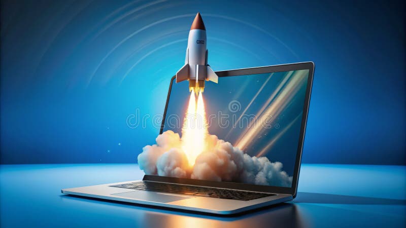 Koncepcja uruchamiania cyfrowego laptopa rakietowego ilustracja wektor