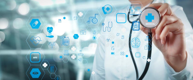 Koncepcja usług w zakresie ochrony zdrowia i technologii medycznych z ekranem kinematograficznym i interfejsem AR obrazy stock