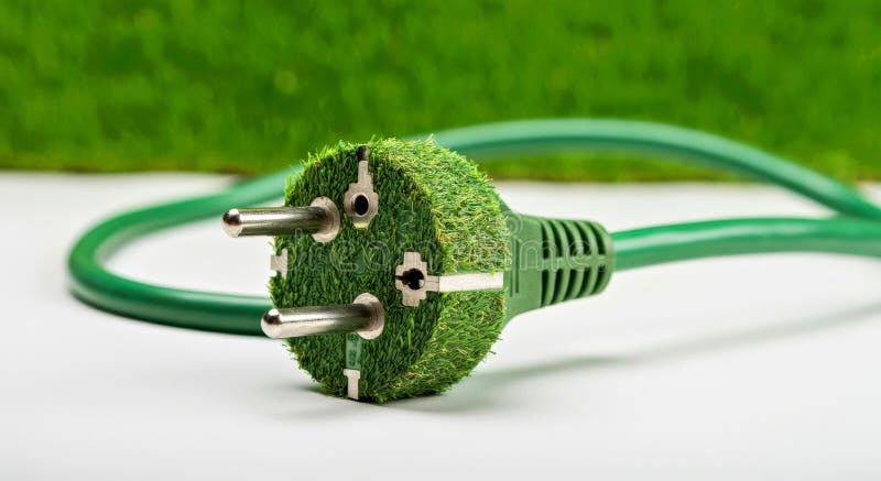 Koncepcja zrównoważonej energii : ekologiczna zielona wtyczka zasilania z fakturą trawy na kablu ilustracja wektor