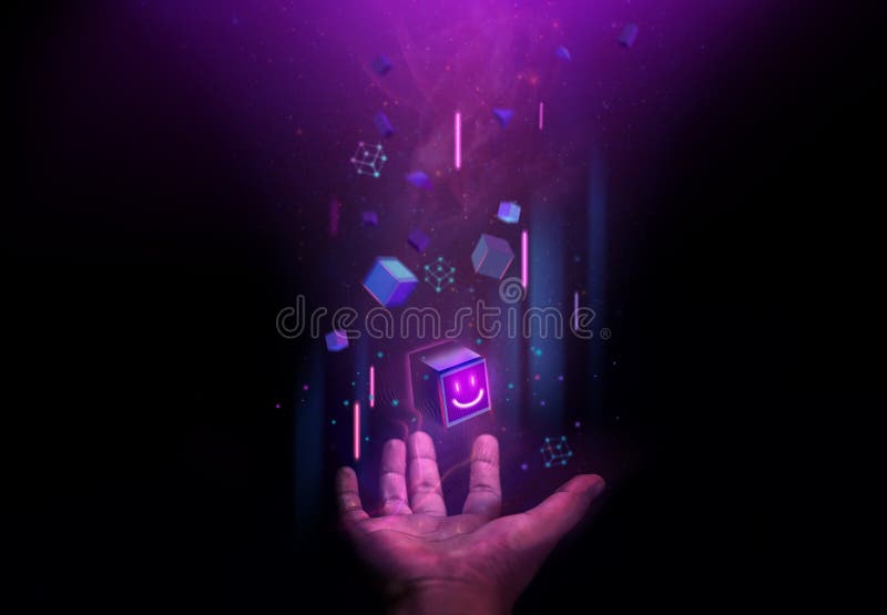 Koncepcje technologii blockchain web3. ręczne uwypuklenie ikony cyfrowego pudełka na uśmiech i wielu futurystycznych grafik do poł ilustracji