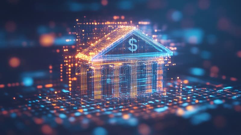 Koncepcyjny projekt bankowości cyfrowej struktury banków szkieletowych reprezentującej kryptowalutę i nowoczesne finanse ilustracja wektor