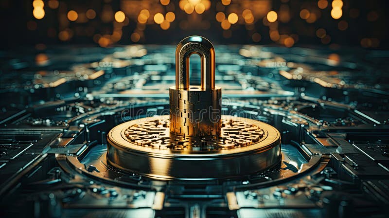 Koncept för cybersäkerhetspadlock på ett metalltryckt kretskort vektor illustrationer