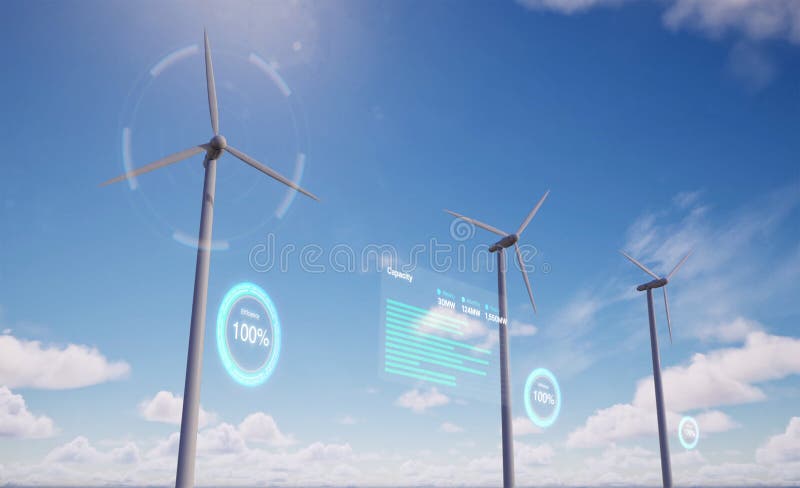 Koncept för förnybar energi med vindkraftverk med digital grafisk bildskärm royaltyfri illustrationer