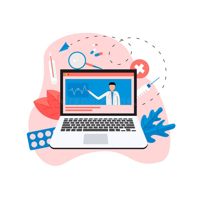 Konceptet för onlinehälso- och sjukvård och medicinsk rådgivning på bärbara datorer Platt illustration för vektorn vektor illustrationer Konceptet för onlinehälso- och sjukvård och medicinsk rådgivning på bärbara datorer Platt illustration för vektorn vektor illustrationer