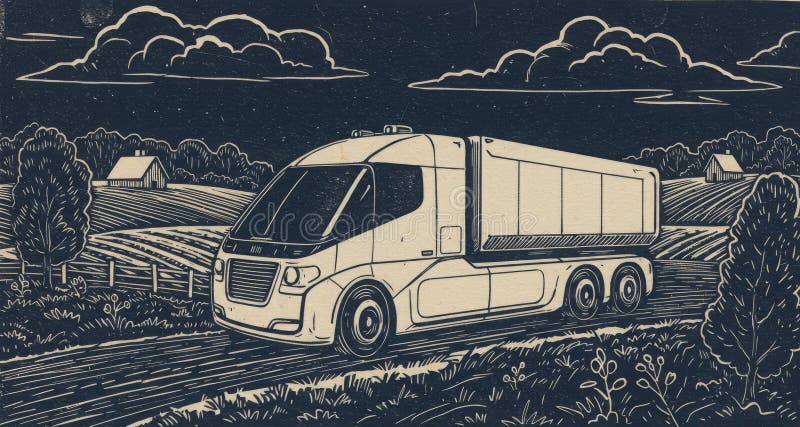 Konceptet med en obemannad lastbil i typen vintage linocut på en landsväg. royaltyfri illustrationer